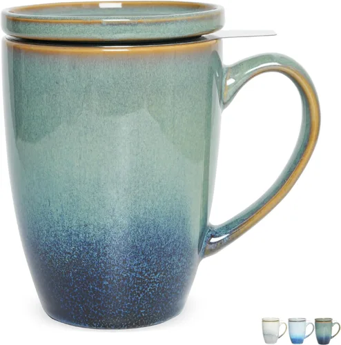 Miniatura 13 de Bosmarlin Taza de té de cerámica mate con infusor y tapa, 13.5 onzas, taza de té suelta, apta para lavavajillas y microondas (azul oscuro)