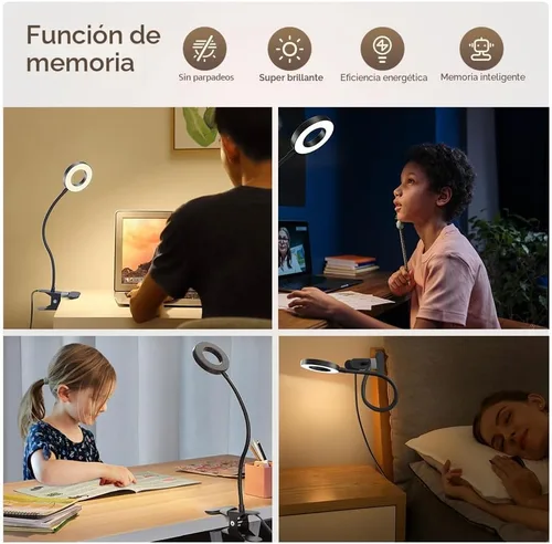 Miniatura 5 de Lámpara LED de escritorio con clip con 3 modos de color, 10 anillos de brillo/luz de abrazadera, cuello ajustable de 360°, regulable, protección