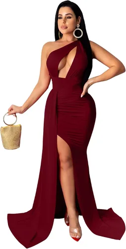 Miniatura 3 de LAGSHIAN Women Sexy Elegant One Shoulder High Split Cutout Long Evening Dress