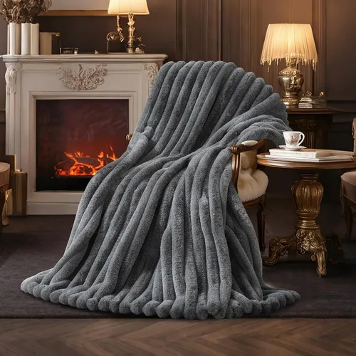 Miniatura 16 de Amélie Home - Manta de piel sintética para sofá, acogedora manta mullida de felpa suave a rayas para sofá familiar, silla, dormitorio, 55 x 70 Rayas
