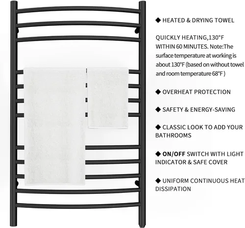 Miniatura 3 de HEATGENE - Calentador de toallas de montaje en pared, enchufe/cableado eléctrico, estante de toallas calentado, 4 soportes, negro mate
