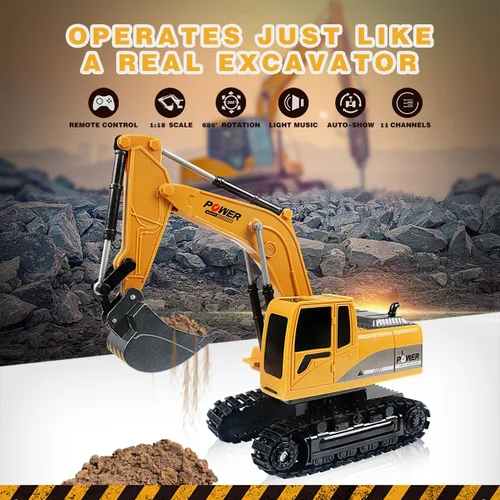 Miniatura 3 de ID Gerilla Excavadora de control remoto, juguete de construcción a control remoto, vehículos excavadores de pala de metal con luces, sonidos