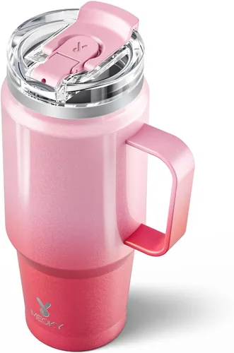 Miniatura 30 de Meoky - Vaso de 32 onzas con asa, taza de viaje de acero inoxidable con pajilla y tapa 2 en 1, taza de café con aislamiento al vacío, 100% a prueba