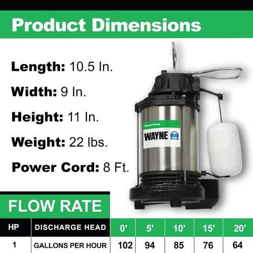Miniatura 8 de WAYNE CDU1000 1 HP Bomba sumergible de hierro fundido y acero inoxidable con interruptor de flotador vertical integrado - 58321-WYN2