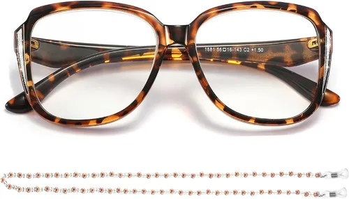 Miniatura 7 de Elegantes gafas de lectura de ojo de gato, lentes de sol de gran tamaño con cadena de lentes de moda portátiles para mujeres Paquete de 2 gafas