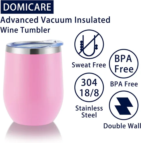 Miniatura 7 de DOMICARE - Juego de 16 vasos de vino de 12 onzas con tapa, hechos de acero inoxidable con aislamiento al vacío de doble pared, color rosado