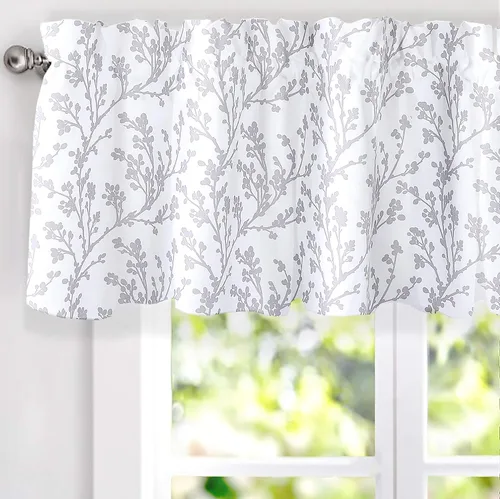 DriftAway Cenefas opacas de 18 pulgadas gris y blanco para ventanas, dormitorio, sala de estar, bolsillo para cortinero, árbol de granja, rama de