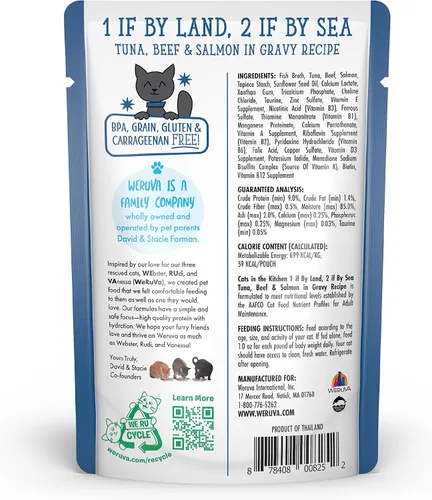 Miniatura 4 de Weruva Gatos en la Cocina, 1 si es por tierra, 2 si es por mar con atún, ternera y salmón en salsa, comida para gatos, 3 onzas, sobre (paquete de 12)