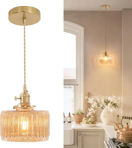 Miniatura 48 de Shenmoyl Lámpara colgante con pantalla de vidrio transparente a rayas, luz colgante vintage de latón, luz colgante ajustable para cocina, isla