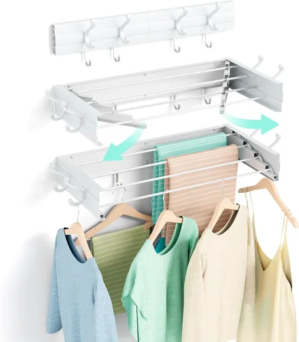 Miniatura 12 de Estante de secado plegable para montar en la pared, ahorro de espacio, de acero inoxidable de 23.5 pulgadas, con varillas reforzadas resistentes