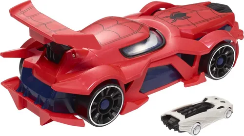 Miniatura 5 de Hot Wheels Marvel Spider-Man Lanzador de coche web con ojos activados por movimiento y coche de juguete de personaje a escala 1:64