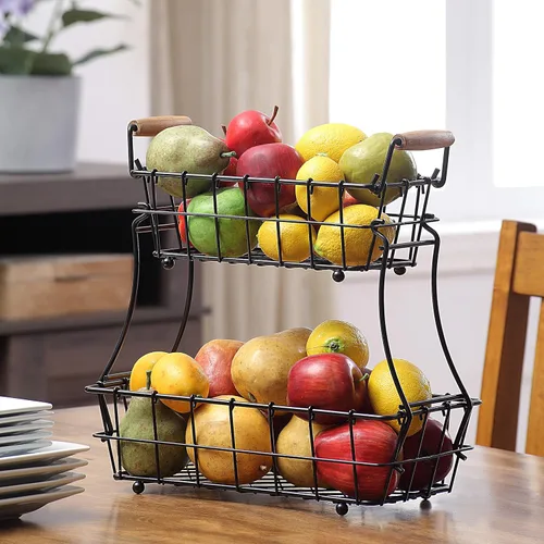 Miniatura 2 de SunnyPoint Cesta rectangular de alambre para pan de frutas de 2 niveles (negro, metal)