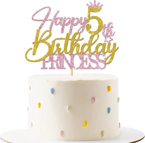 Decoración para pastel de 5º cumpleaños de princesa – Suministros para pastel de cumpleaños de 5 años para niña – Decoración de fiesta de cumpleaños