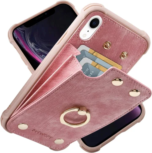 Miniatura 30 de Funda tipo cartera compatible con iPhone XR/10R con tarjetero de crédito, funda protectora de cuero a prueba de golpes compatible con anillo