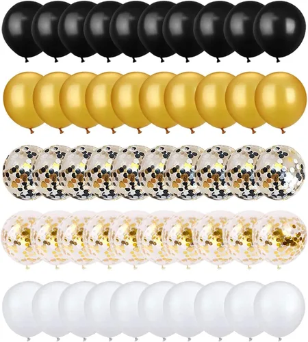 Miniatura 4 de Kit de 72 globos de confeti negro y dorado, globos negros, dorados y blancos de 12 pulgadas y globos de confeti dorado con cintas para globos