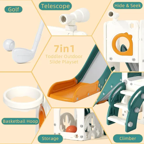 Miniatura 3 de KORIMEFA Tobogán infantil 7 en 1, tobogán infantil para bebés de 1 a 3 años, para interiores y exteriores, con aro de baloncesto y juego de golf