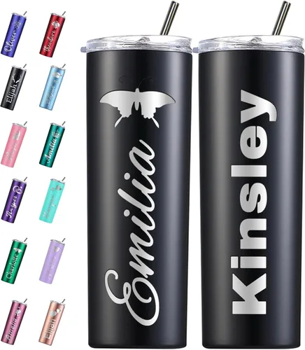 Vaso personalizado personalizado con nombre grabado y logotipo, vasos delgados personalizados con tapa y pajita, vaso aislado de acero inoxidable de