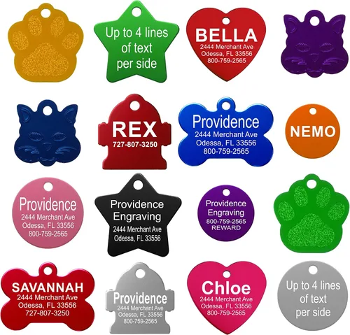 Etiquetas para la identificación de mascotas, en 8 líneas de grabado disponibles, en tamaño pequeño o grande, en forma de hueso, redonda, estrella,