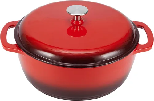 Horno holandés cubierto de hierro fundido esmaltado Amazon Basics, 6 cuartos de galón, color rojo.