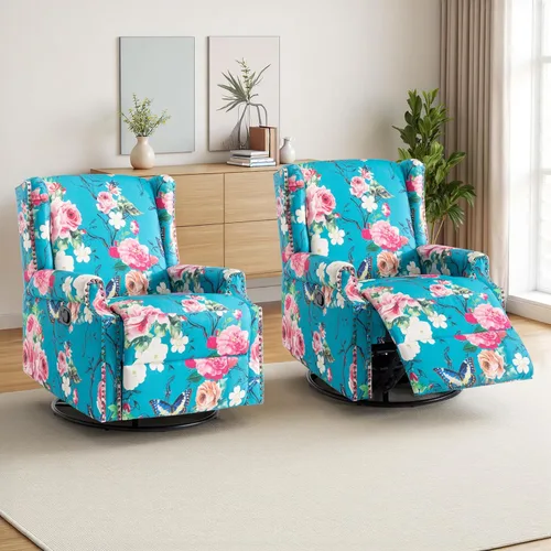 Miniatura 10 de Silla reclinable tapizada, sillón de ala floral con respaldo y reposapiés ajustables, cómoda silla decorativa para leer, sofá individual
