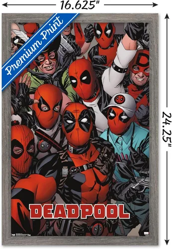Miniatura 3 de Marvel Comics Deadpool - Póster de pared con caras, 22.4 pulgadas de largo x 14.7 pulgadas de ancho, versión enmarcada de madera de granero