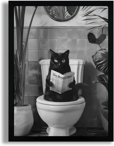 Miniatura 22 de SYWENNOI Arte de Pared en Lienzo Enmarcado en Blanco y Negro para Baño, Divertido Gato Negro Sentado en el Inodoro Leyendo Periódico Decoración