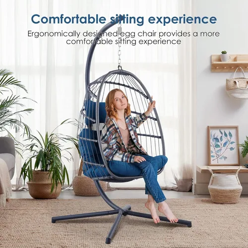 Miniatura 4 de Silla de huevo con soporte – Silla colgante de huevo de mimbre de ratán para dormitorio interior y exterior – Marco de aluminio resistente a la Azul