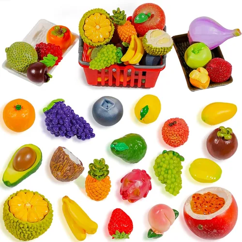 Exasinine 33 piezas de figuras de frutas en miniatura, fresa, melocotón, uvas, mini figuras de resina, frutas artificiales para jardín, cocina,