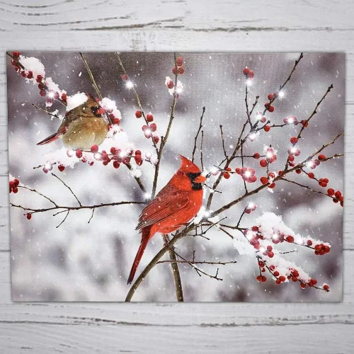 Miniatura 4 de BANBERRY DESIGNS Impresión en lienzo de cardenales iluminados en la nieve, imagen LED con pareja cardenal y bayas navideñas, mide 11.75 x 15.75