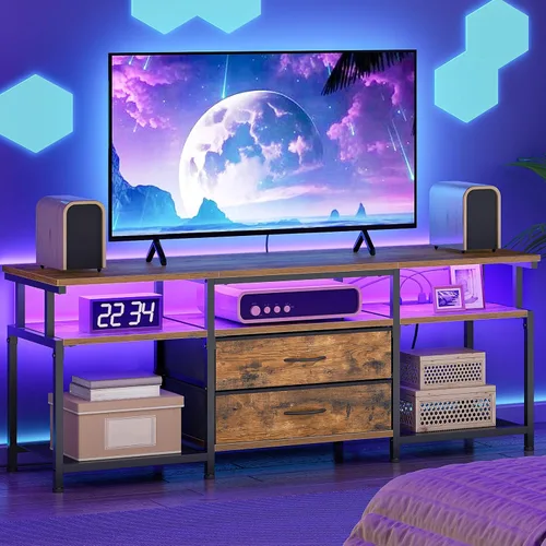 HOOBRO - Soporte de TV con toma de corriente y luz LED, centro de entretenimiento para televisores de hasta 65 pulgadas, consola de medios moderna