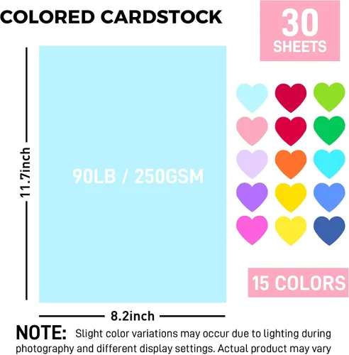 Miniatura 8 de BigOtters 30 hojas de cartulina de colores de 8.2 x 11.7 pulgadas, 15 colores surtidos para impresión, fabricación de tarjetas, manualidades