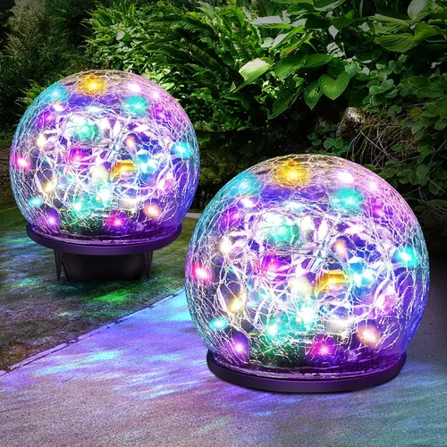 Paquete de 2 lámparas solares de jardín con 60 LED, decorativas para exteriores, luces de globo de vidrio agrietado de colores, luces de bola