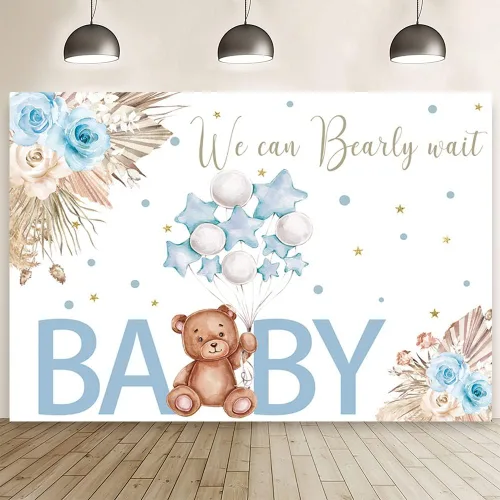 AIBIIN Telón de fondo azul de 7 x 5 pies para baby shower, con texto en inglés "We Can Bearly Wait", fondo de fotografía, bohemio, floral, baby