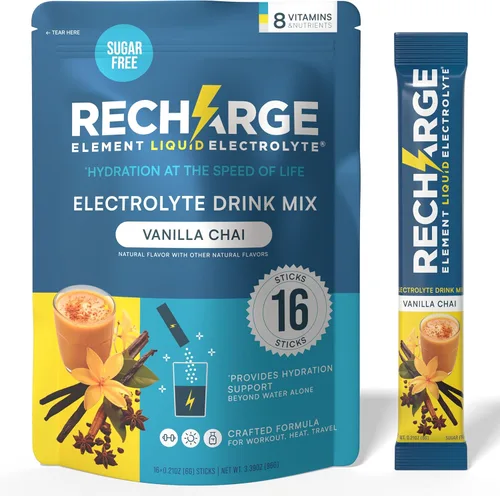 Recharge Element Liquid Electrolyte® Hydration Boost Formula-Vanilla Chai Paquetes de Polvo de Electrolitos | Mezcla de bebida sin azúcar, apta para