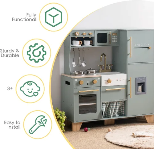 Miniatura 5 de ROBOTIME Juego de cocina para niños pequeños, juego de cocina de madera con nevera, máquina de hielo, cafetera, juguetes de cocina de regalo