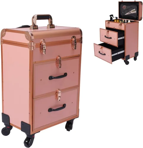 Miniatura 10 de Caja de tren de maquillaje rodante, caja de almacenamiento de maquillaje de 3 capas, carrito cosmético grande con cerraduras, organizador de Negro