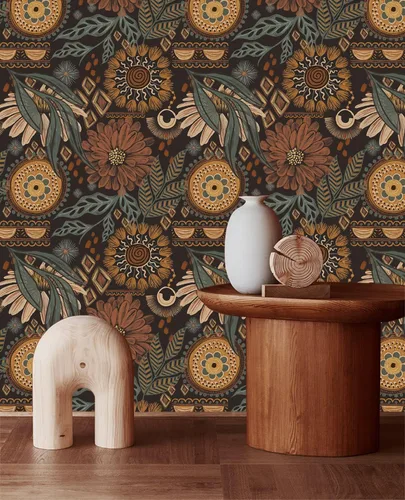 Miniatura 2 de HAOKHOME Papel tapiz para despegar y pegar, floral, bohemio, marrón, melocotón, verde, decoración de pared retro, mural extraíble de baño, 17.3