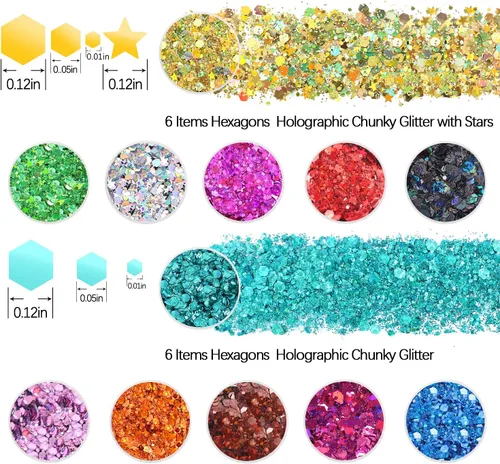 Miniatura 2 de Estanoite - Purpurina gruesa holográfica con lentejuelas, 12 colores mezclados, cosméticos para cara, cuerpo, ojos, cabello, uñas, arte, brillo