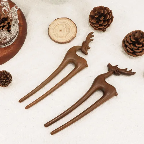 Miniatura 7 de CUBACO 2 unidades de palillos de madera para mujer, tenedor de sándalo en forma de U con diseño de ciervo, horquilla de pelo con giro francés