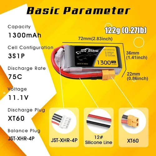Miniatura 2 de TATTU Batería LiPo de 11.1V 1300mAh 75C 3S con enchufe XT60 (2 piezas)