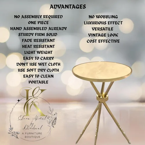 Miniatura 7 de Moderna mesa auxiliar redonda pequeña, mesa auxiliar de acero inoxidable con 3 patas doradas, elegante y ligera parte superior de mármol sintético