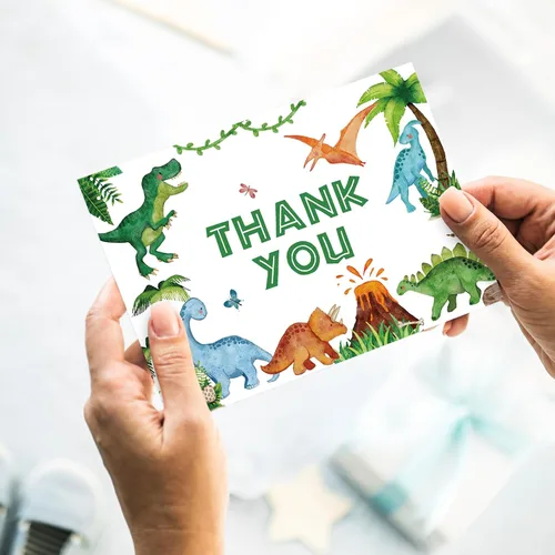 Miniatura 7 de Whaline Paquete de 24 tarjetas de agradecimiento de dinosaurio, tarjetas de felicitación jurásicas verdes con sobres, tarjetas de notas en blanco