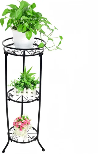 Miniatura 8 de FAMZ Soporte para plantas para interiores y exteriores, 3 niveles de alto, soportes de metal negro para plantas, estante redondo de 35 pulgadas