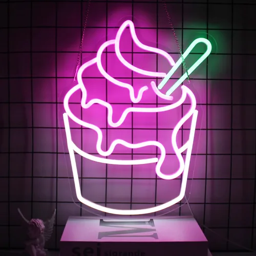 Letrero de neón de helado rosa y blanco Sundae, luces LED de neón, letreros de cupcake de neón para decoración de pared de negocios, letreros LED de