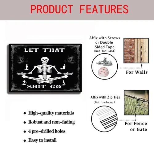 Miniatura 3 de xitangyouyu Divertido letrero gótico negro con diseño de calavera con texto en inglés "Let That Shit Go", letreros metálicos para decoración de baño