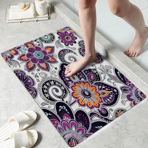 LB Alfombra de baño de flores bohemias, alfombra de baño antideslizante con estampado floral bohemio morado y negro, espuma viscoelástica suave,