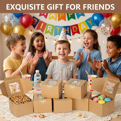 Miniatura 6 de Paquete de 80 cajas de galletas con ventana, cajas de papel kraft de 4 x 4 x 2.5 pulgadas para golosinas, postres, mini pasteles, galletas