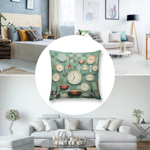 Miniatura 5 de Pots and Pans, Kitchen Clock and Cooking Art Velvet Square Decorative Throw Pillow Covers 12 "x12 Throw Pillow Covers for Outdoor Home Decor
