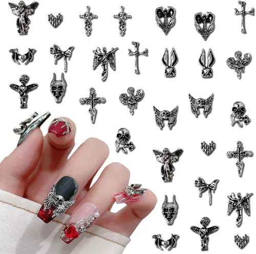 30 dijes de uñas 3D para Halloween, decoración de uñas de plata antigua, diseño de uñas, decoración de uñas, diseño de calavera para uñas, Color4