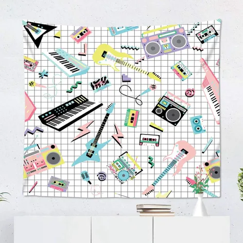 Miniatura 2 de Suklly Tapiz para colgar en la pared, música retro de los años 80 y 90, instrumentos musicales y reproductores de cassette, decoración del hogar